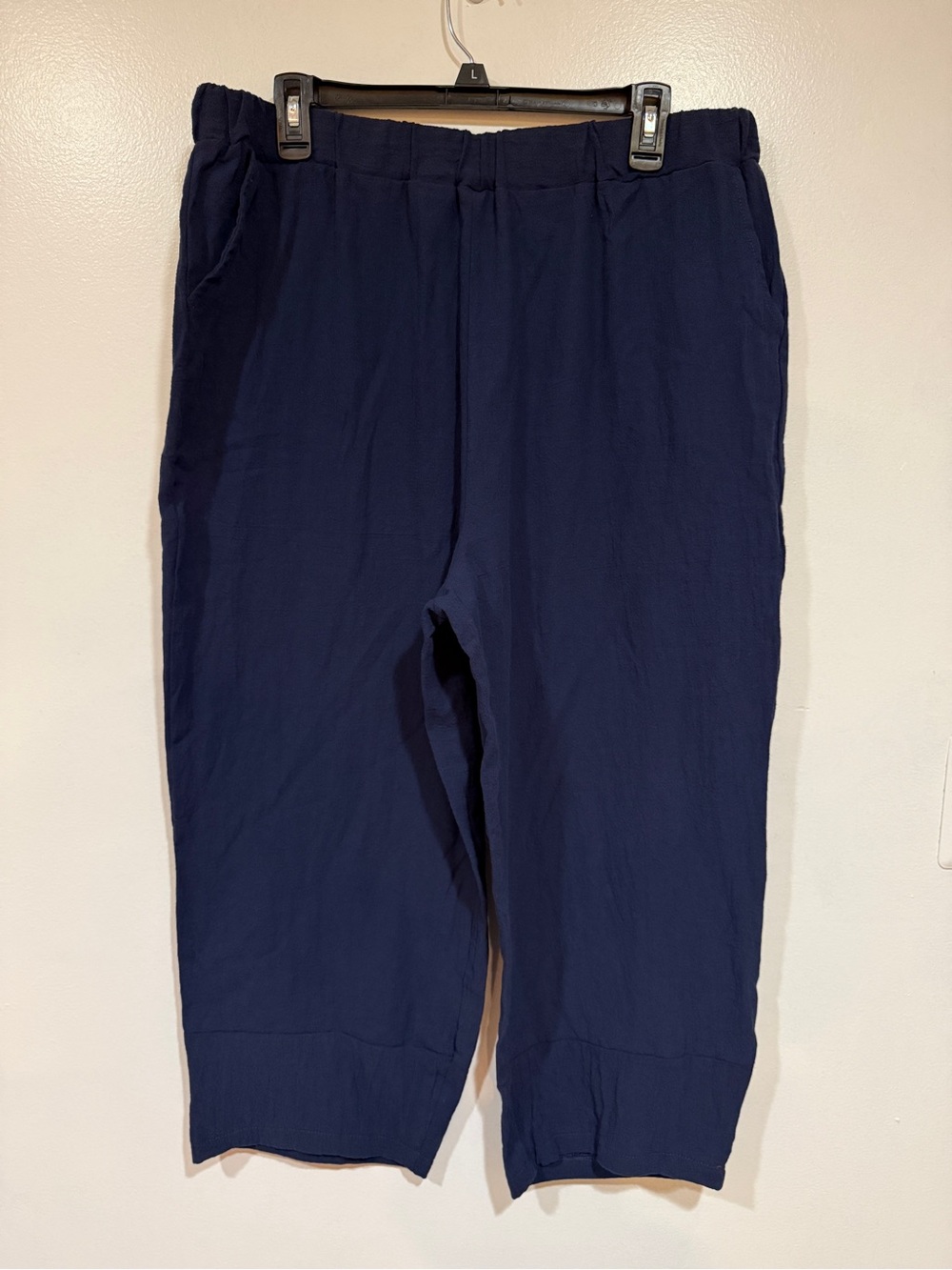 Lagenlook Coastal Grandma Navy Blue Capri Pants Elastic Waist Crop Pocket Travel